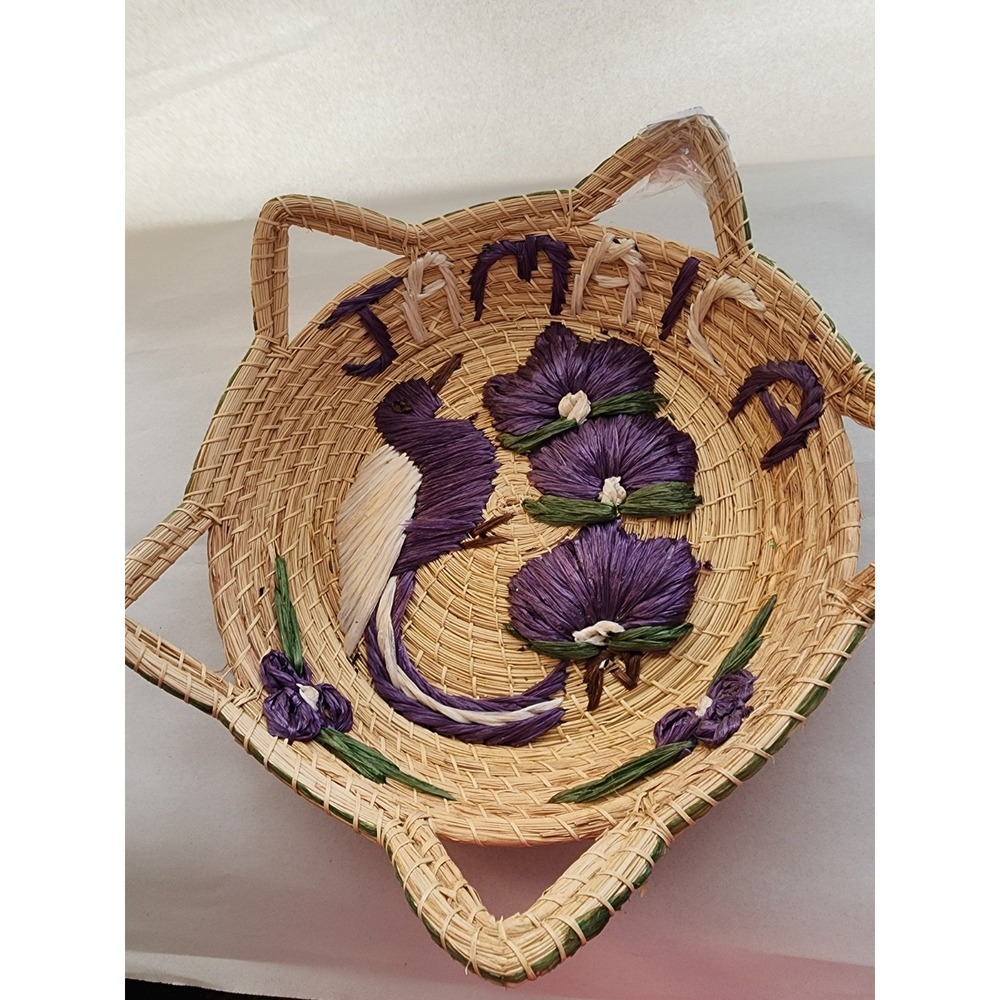 Vintage Jamaica Hand Woven Straw Basket Raffia Embroidered Bird Flower Souvenir